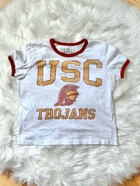 USC Trojans Short-Sleeve Ringer Baby Cropped Tee with Cardinal Trim